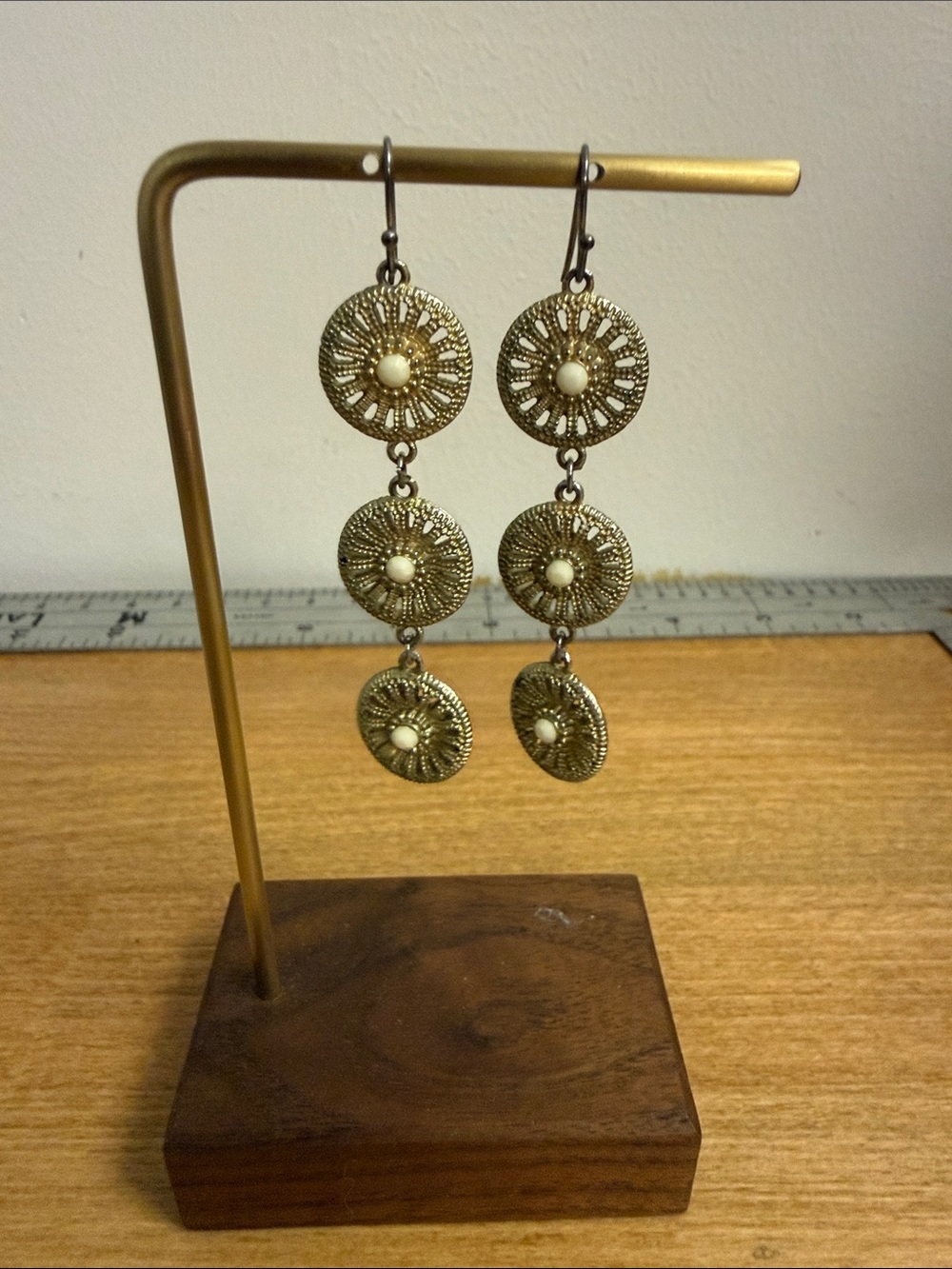 Gold tone 3 tier circle dangle drop art deco earrings vintage